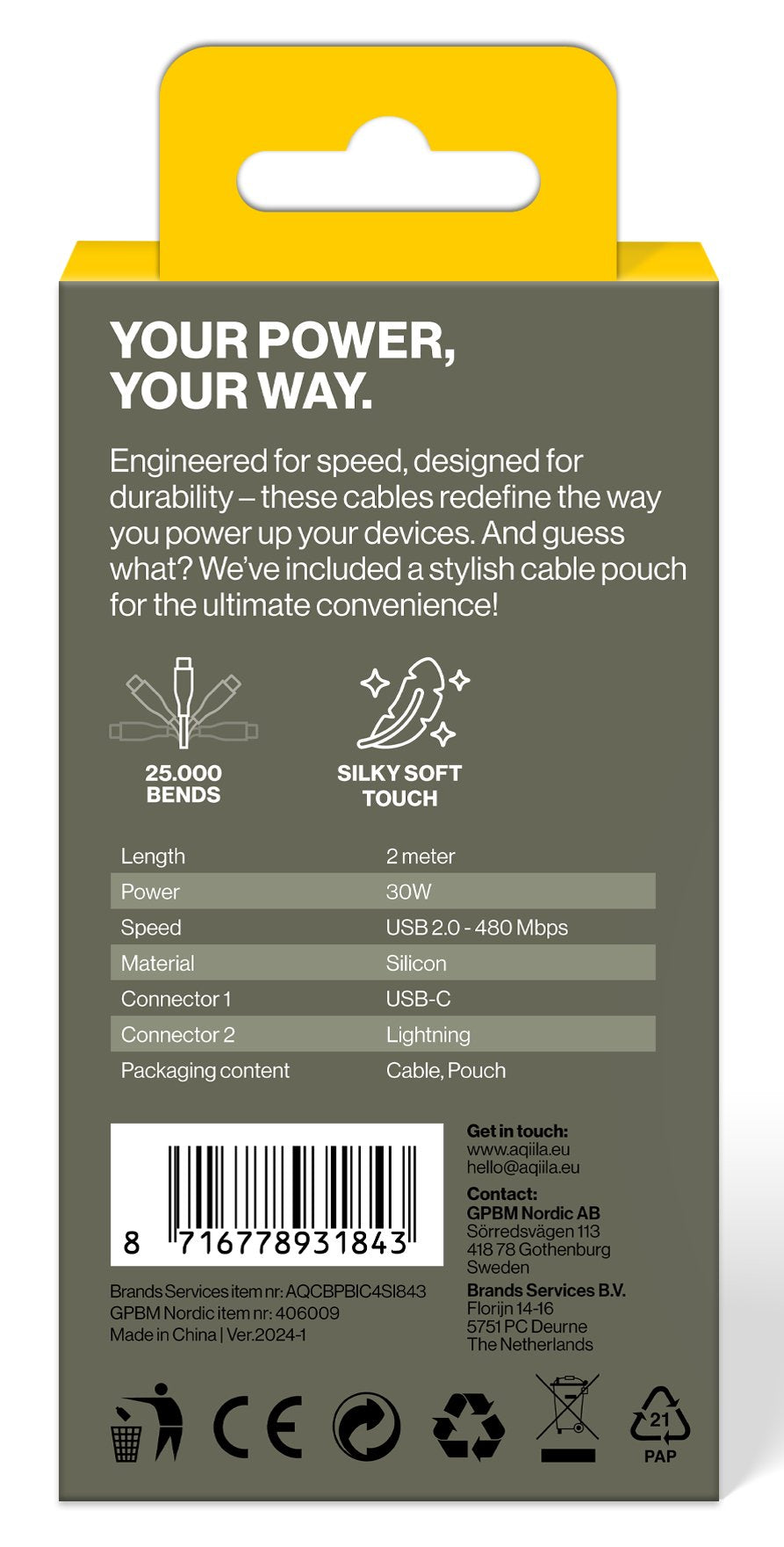 Aqiila Cablebird Cs22 Lade-/Sync Kabel 60w Type C Lightning 2m