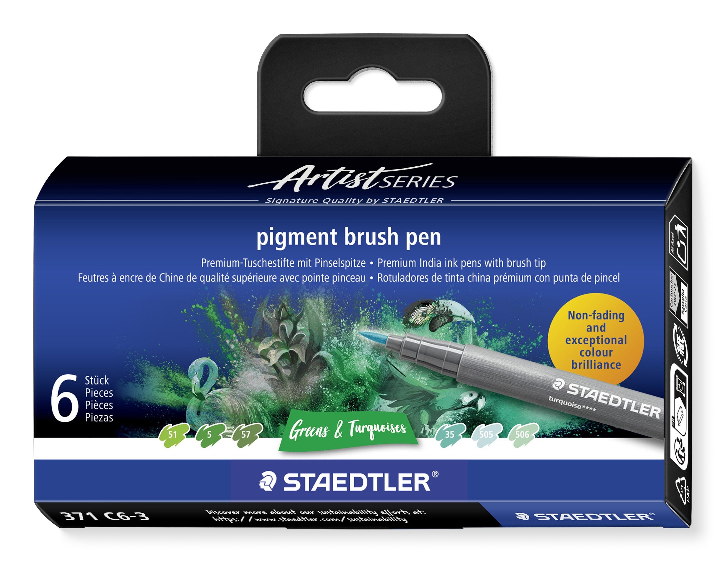 EAN 4007817097144 - Staedtler Pigment Arts Brush Pen Greens & Turquoises rotulador Verde, Turquesa 6 pieza(s) imagen 1