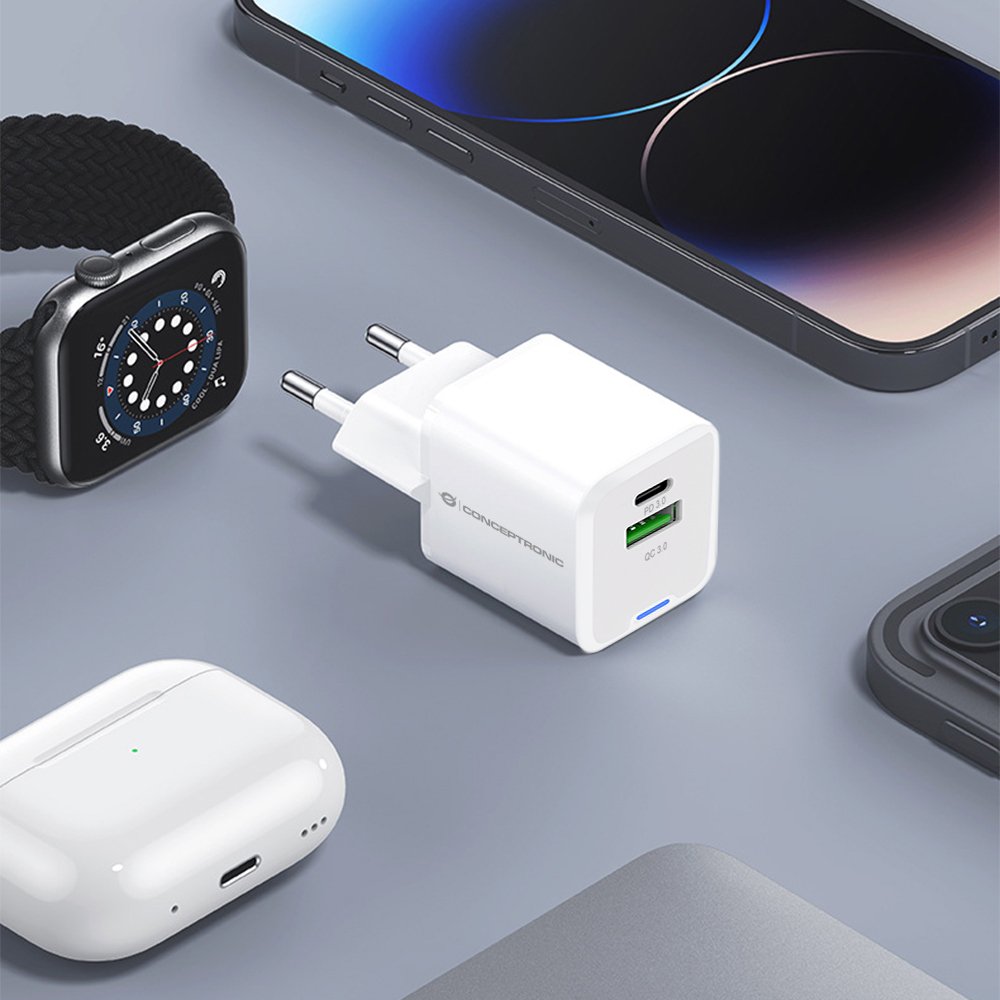 Conceptronic Cargador 2port 20w,1xusb-C,1xusb-A 1.5m Ws