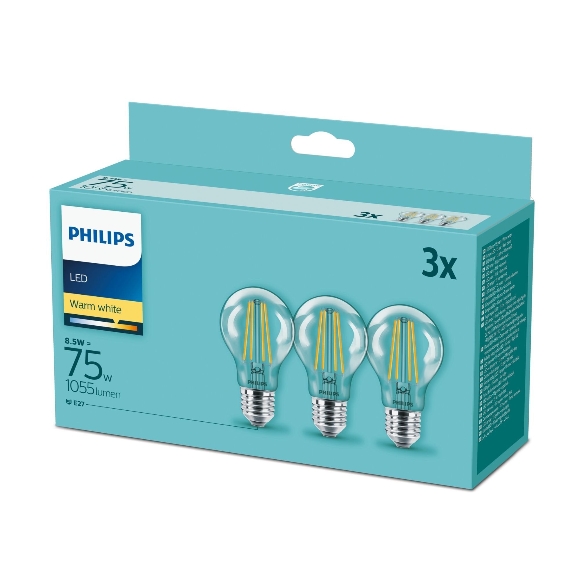 Philips Led Lamp E27 3-Pack 75w 2700k Filament