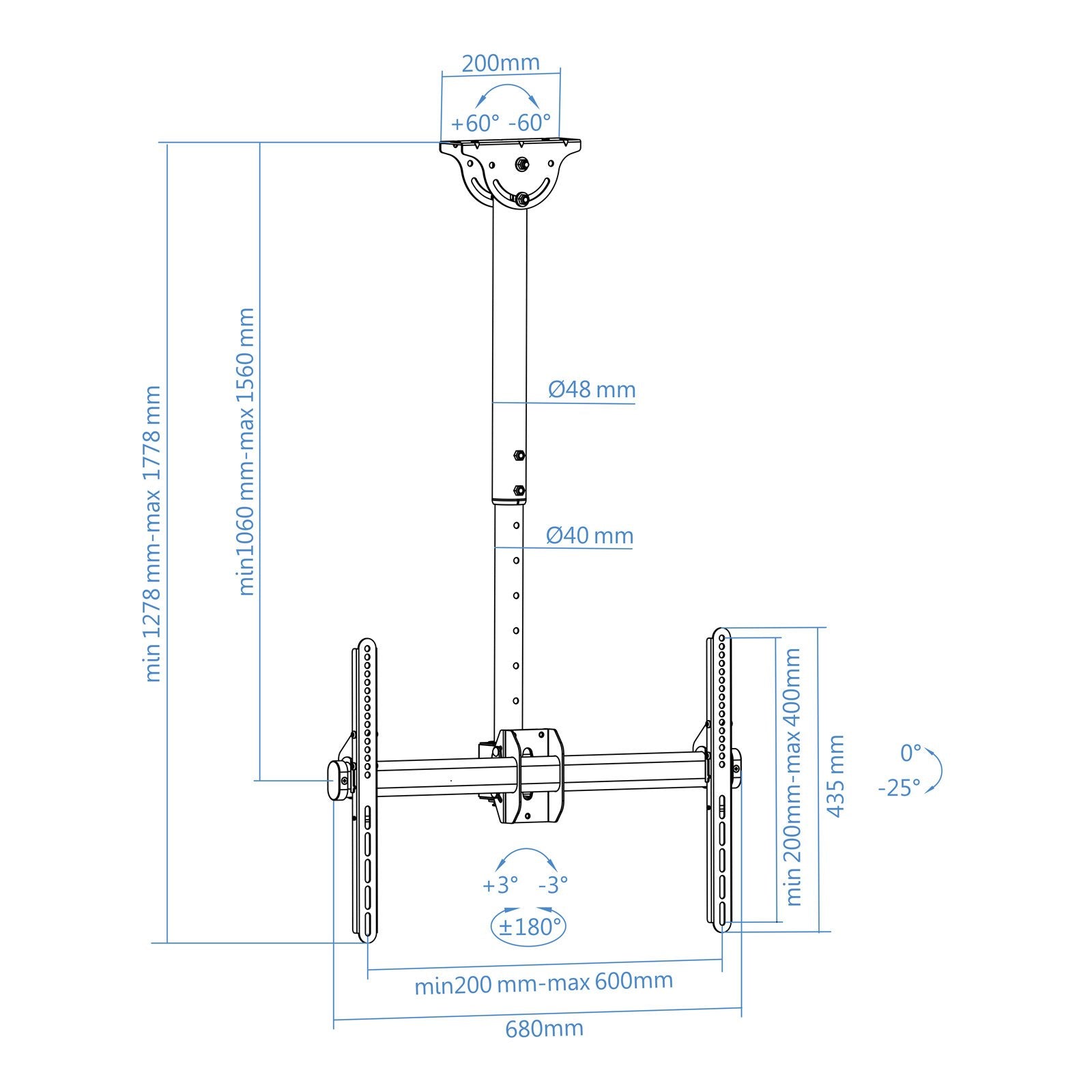 Tooq Soporte De Techo Giratorio Para Tv De 37"-70" - Gestion De Cables - Peso Max 50kg - Vesa 600x400mm