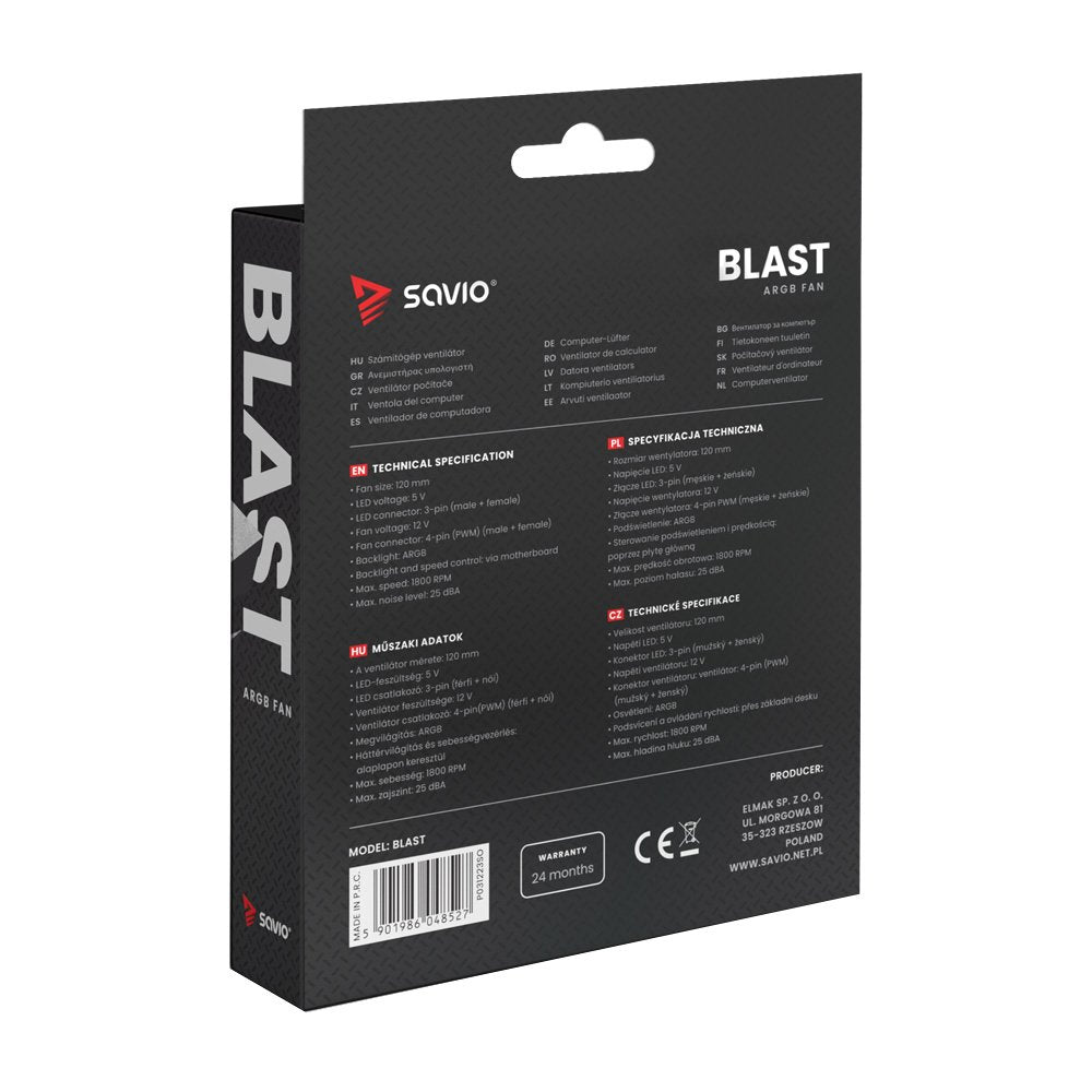 Ventilador Savio Blast Fan 120mm Argb 3-Pin 5v 4-Pin 12v