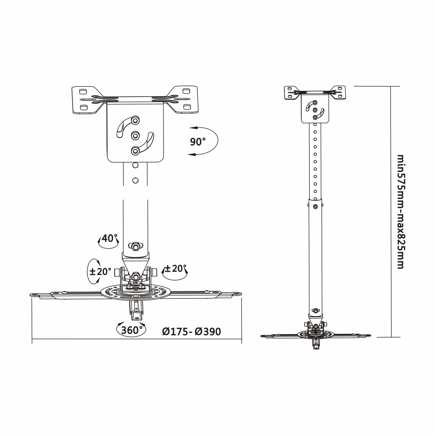 Aisens Soporte De Techo Universal Profesional Giratorio - Inclinable Y Extensible Para Proyector - Negro