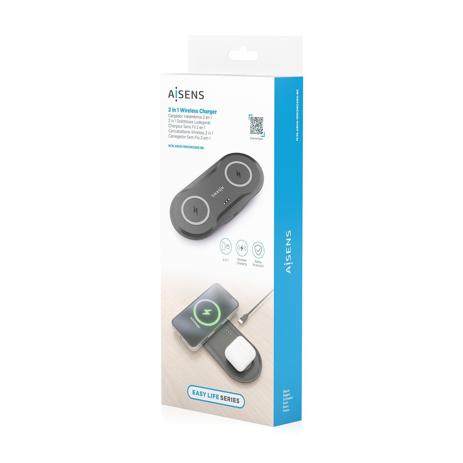 Aisens Cargador Inalambrico Usb-C 15w 2 En 1 Para Movil Auriculares, Negro