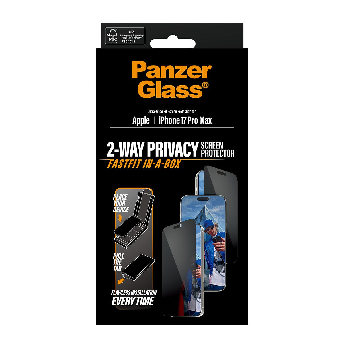 EAN 5715685030512 - PanzerGlass ® Privacy Screen Protector w. Black Frame iPhone 17 Pro Max | Ultra-Wide Fit w. Fastfit in-a- imagen 3
