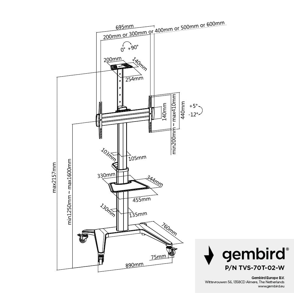 Gembird Aluminum Tv Floor Stand With Caster Wheels 37-70" White