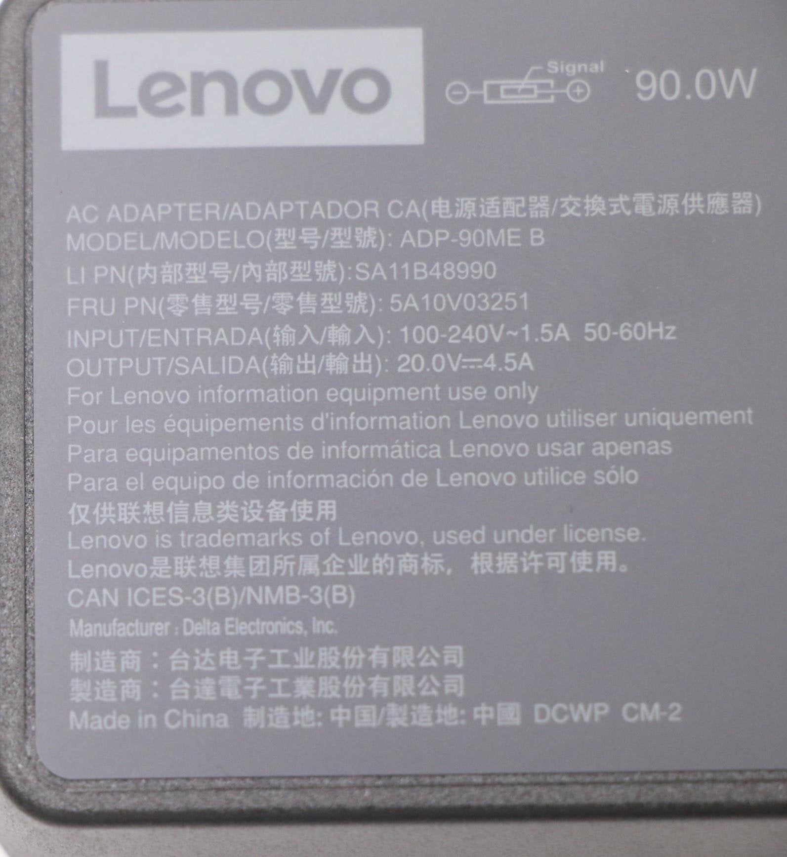 Lenovo Cargador 20v 4.5a 90w Con Cable Alimentación Para Lenovo Thinkpad X1 Carbon 5a10v03251