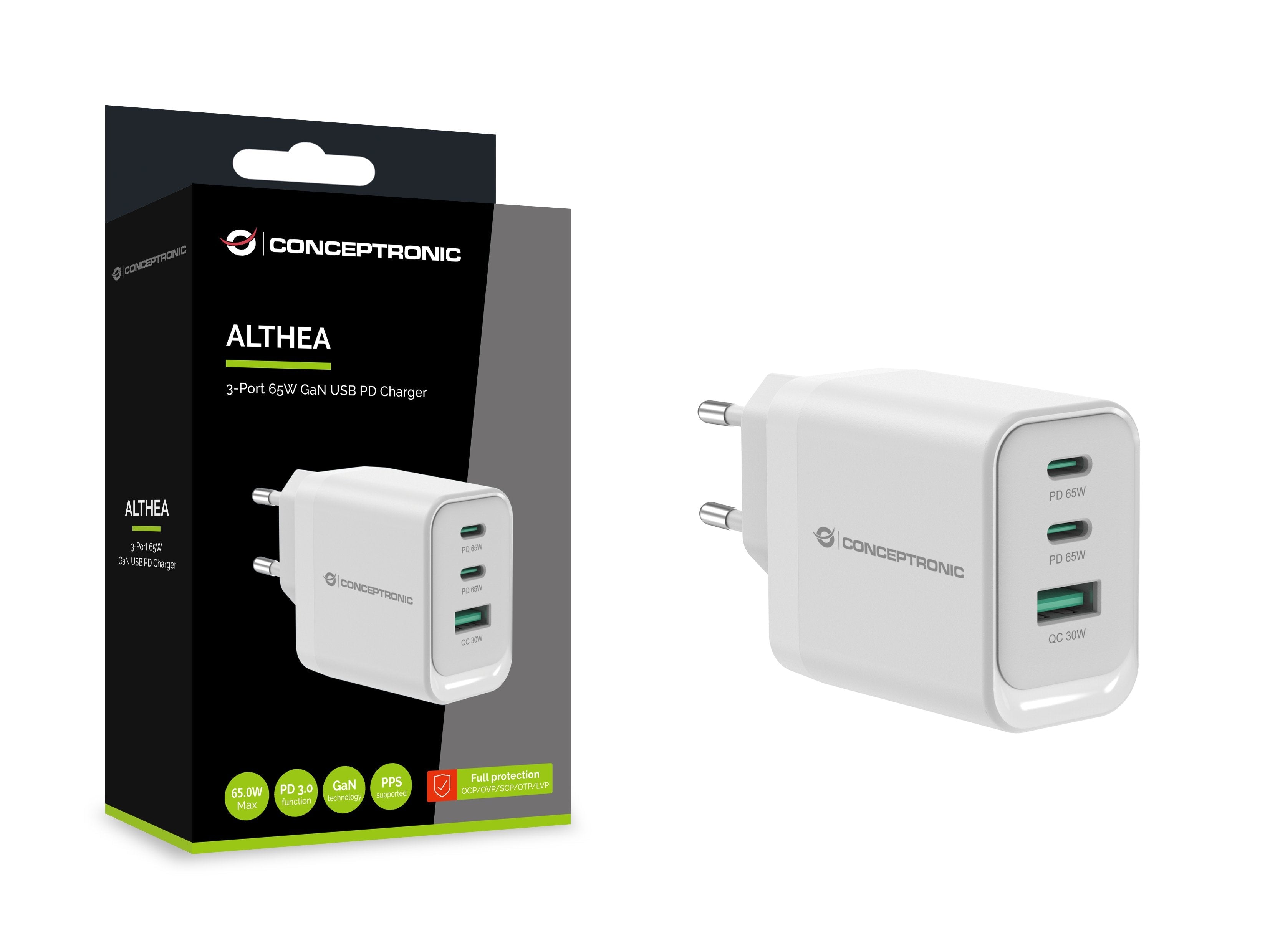 Cargador De Pared Quick Charge 3.0 Pd  Pps 2 Puertos Usb-C 1 Puerto Usb-A Conceptronic Althea 65w