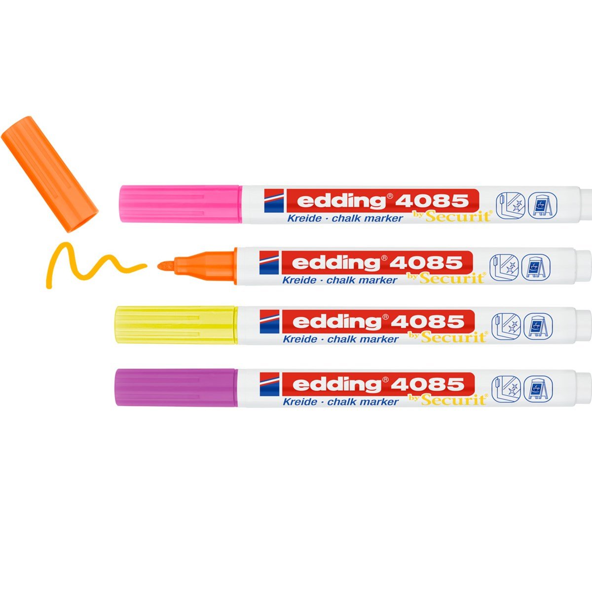 EAN 4057305037206 - Edding 4085 Neon Set marcador de tiza Bala Naranja, Rosa, Púrpura, Amarillo 4 pieza(s) imagen 2