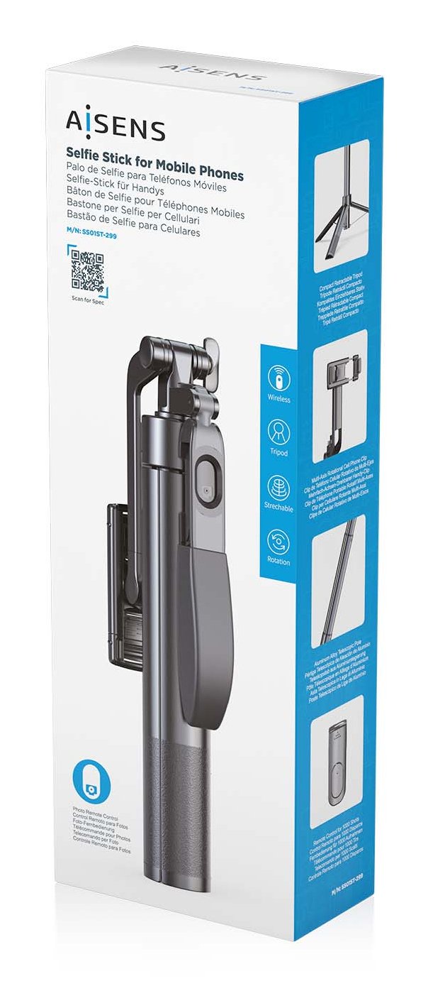 Aisens Palo Tripode Para Selfie Con Mando A Distancia Bluetooth 3 En 1, Negro