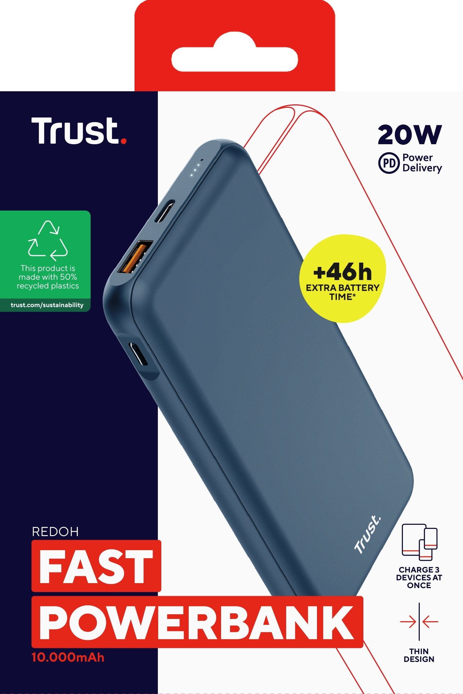 Powerbank Universal Trust 25032 Redoh 10000mah Color Azul 18w Carga Rapida 2xusb-C 1xusb-A