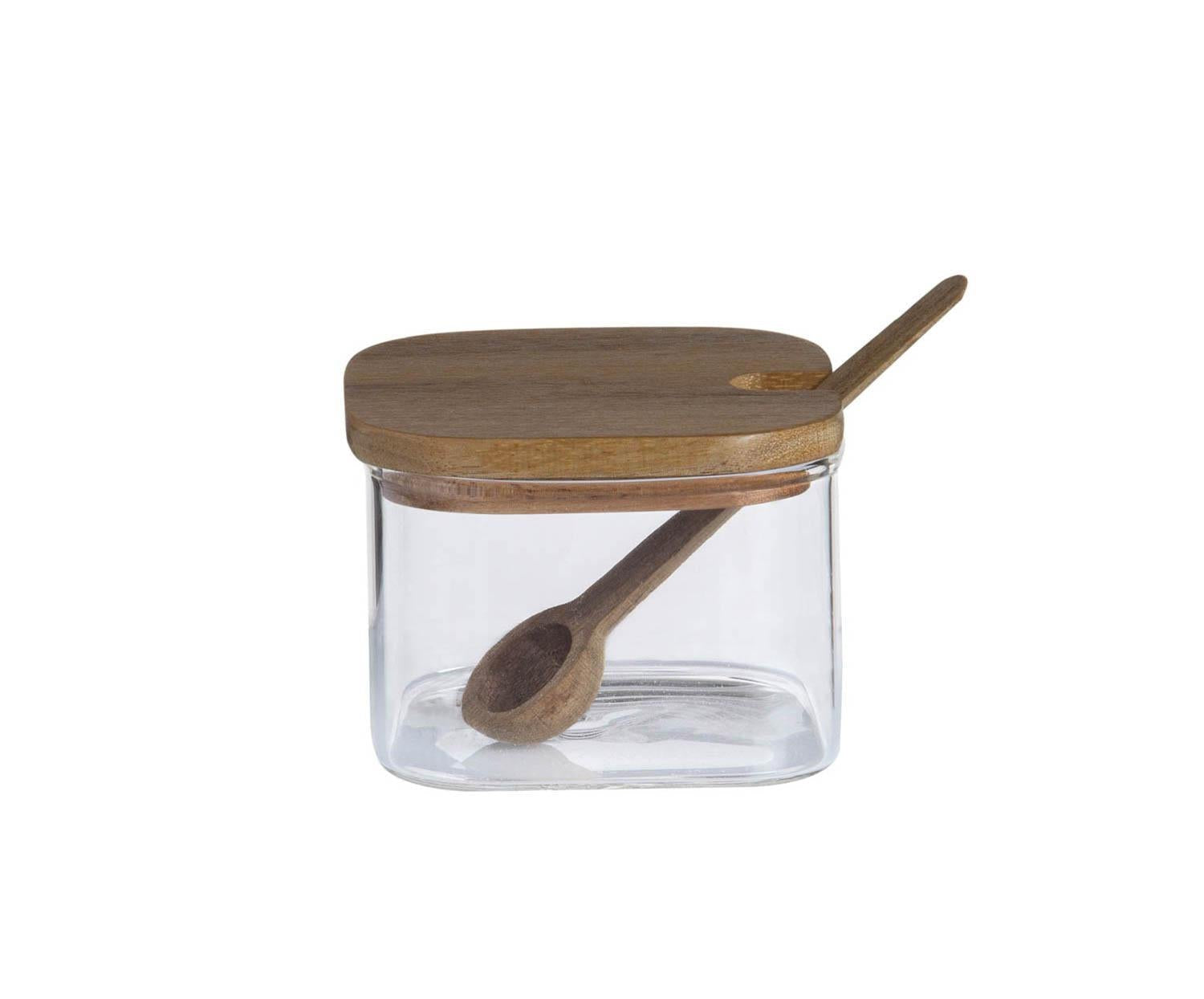 Azucarero De Vidrio Y Madera De Acacia, 3 Piezas Con Bandeja, 27 X 10,5 X 7 Cm