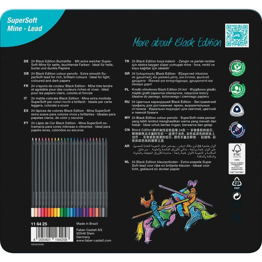 Faber-Castell Black Edition Caja Metalica De 24 Lapices De Colores - Mina Supersuave - Madera Negra - Ideales Para