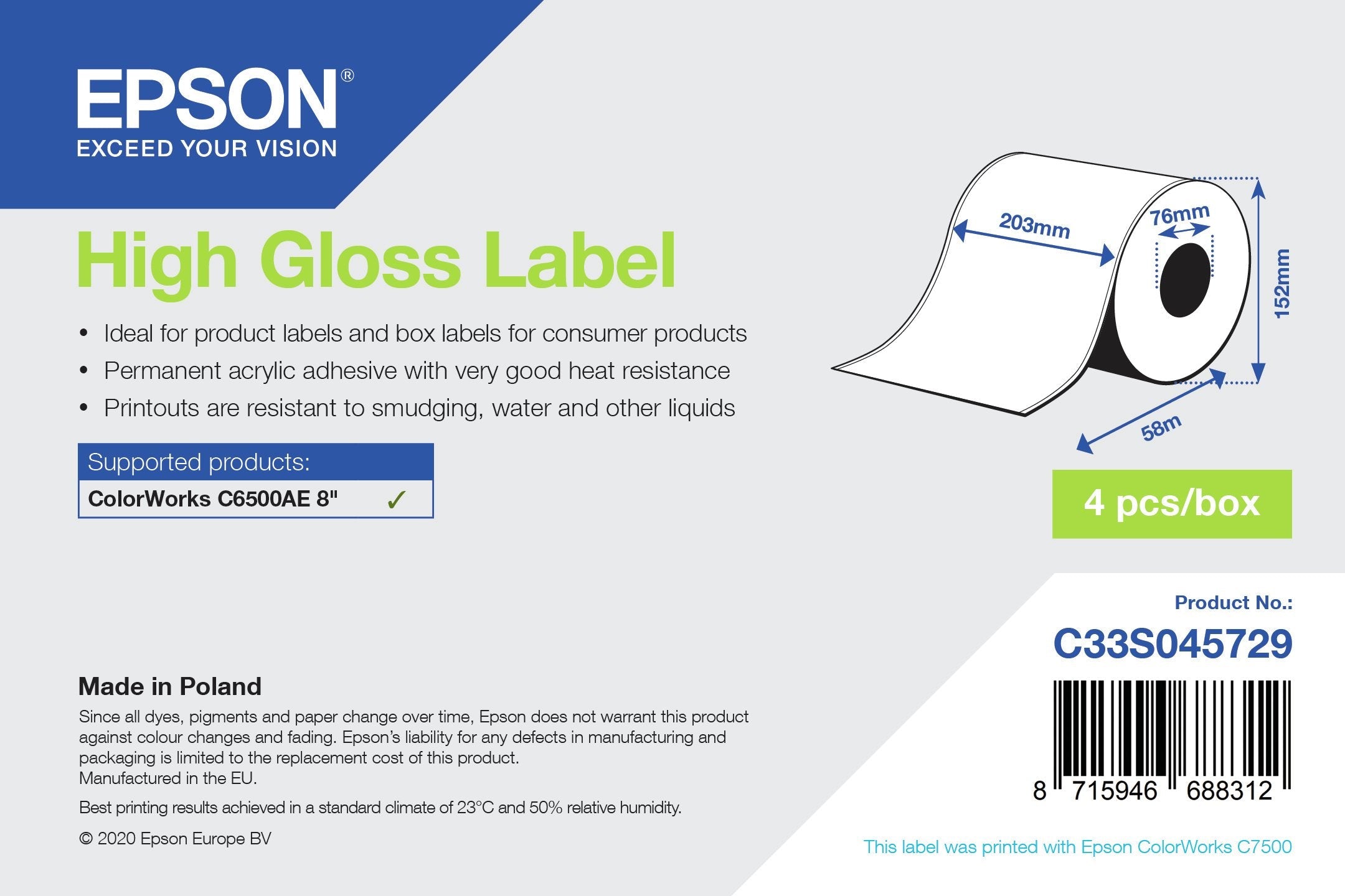 Epson High Gloss Label - Continuous Roll: 203mm X 58m