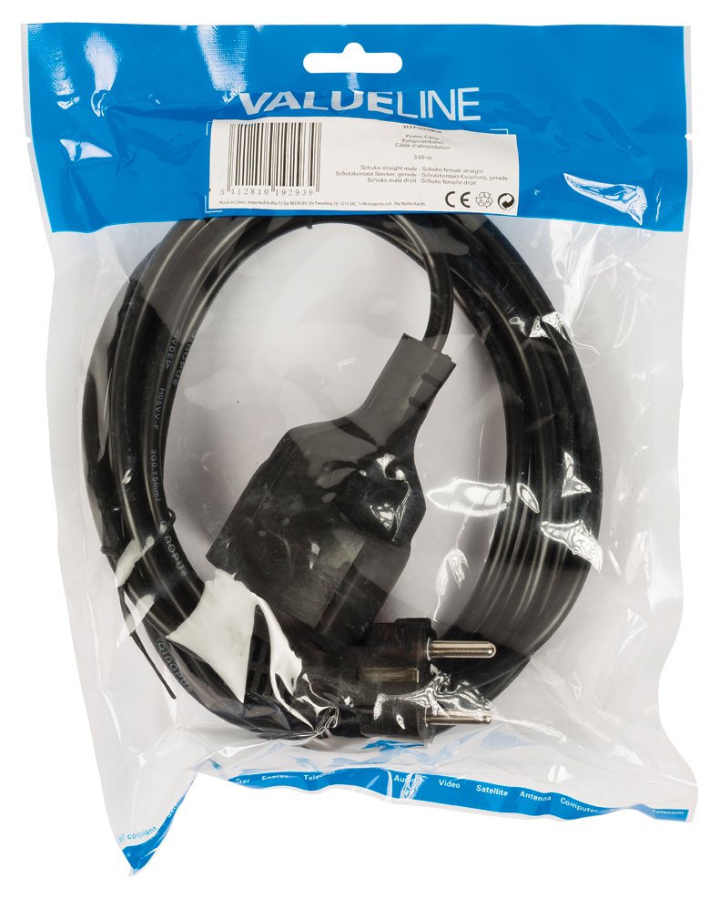 Cable De Alimentación Con Enchufe Shucko Macho Recto - Enchufe Schuko Hembra Recto De 3.00 M En Color Negro