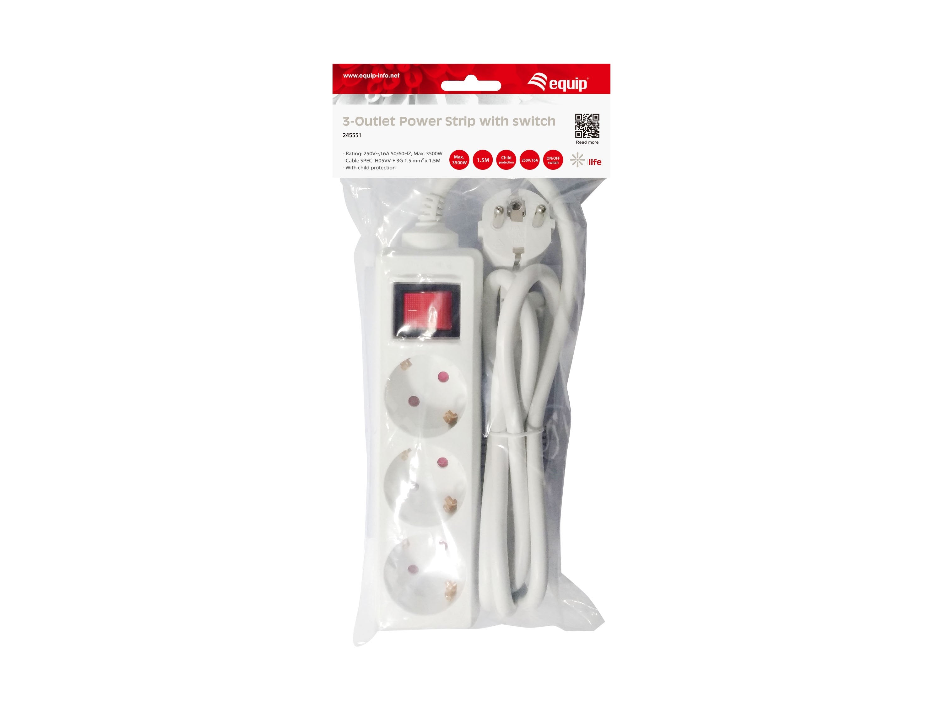 Equip Regleta Con 3 Tomas Cable De Red De 1.5 Metros Y Boton De Apagado Encendido