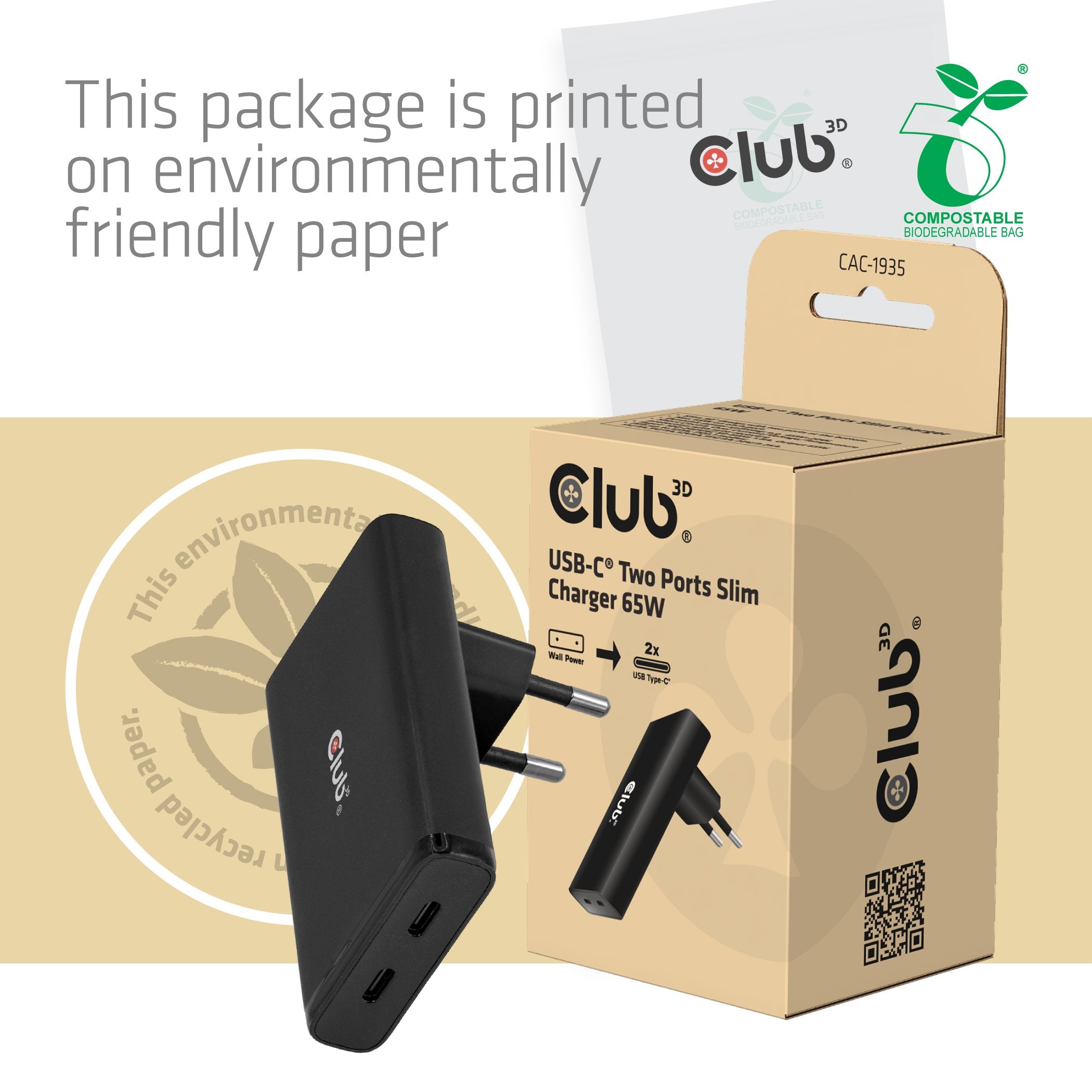 Club3d Cargador 2xusb Tipo C Slim Pd3.1 65w, Gan Retail