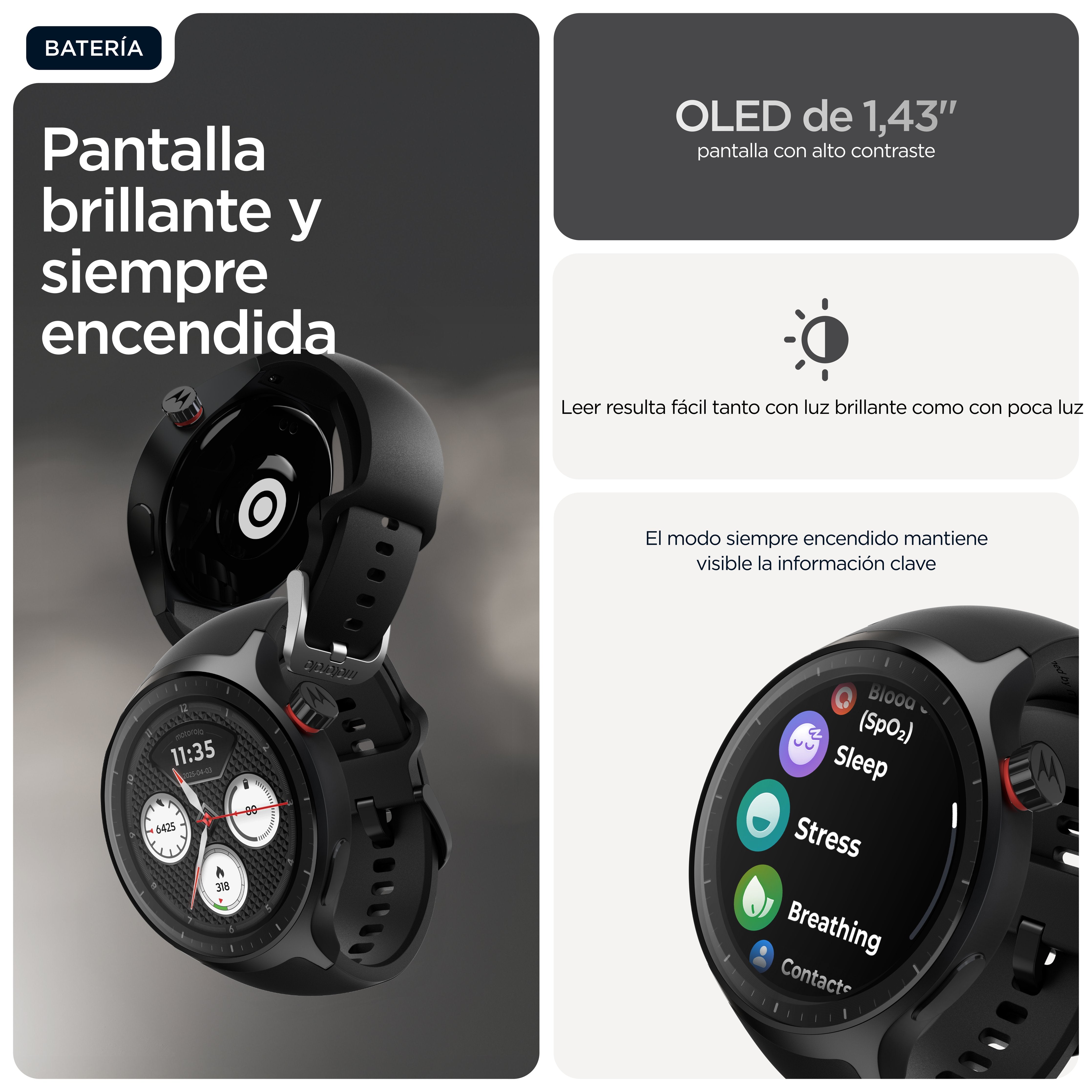 Motorola Moto Watch Negro Mate Reloj Inteligente Con Banda Silicona Pantone Volcanic Ash Pantalla Luminosa 1.4" 4 Gb Bluetooth 40 G