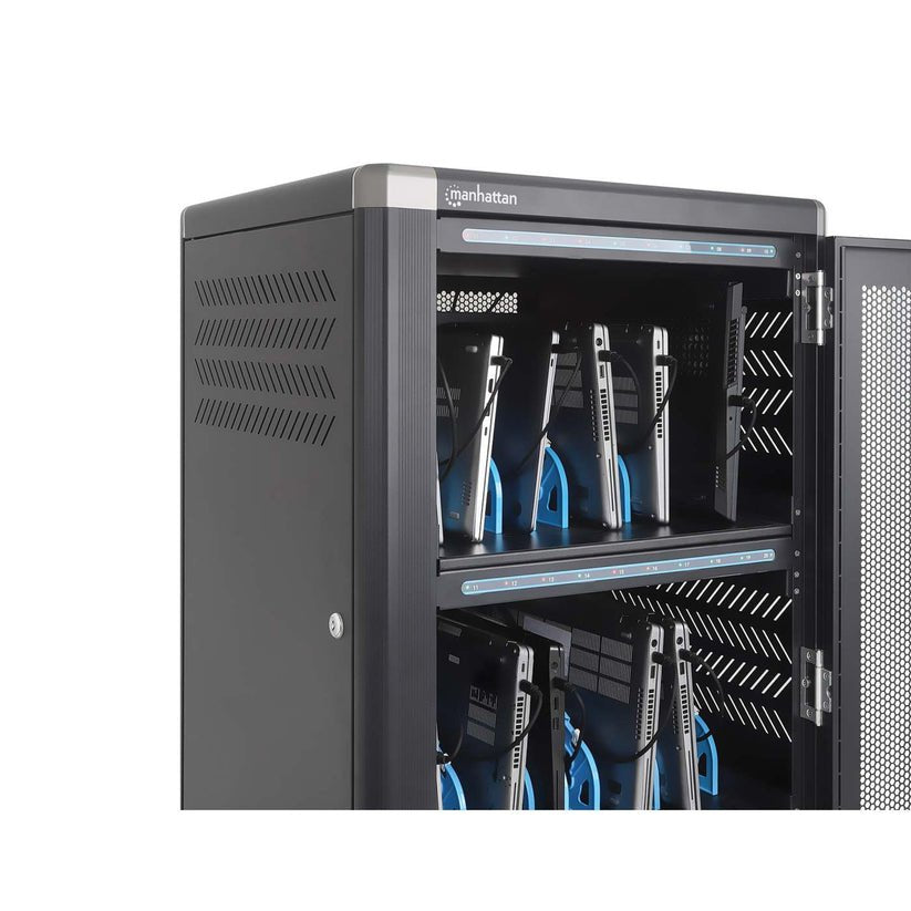 Manhattan Carro De Carga Usb-C 65w Para 30 Portátiles (Hasta 16"), Compatible Con Ipads, Macbooks Y Otros Dispositivos Usb-C, Compartimentos 395×290×32,5 Mm, Cables Usb-C Incluidos, Armario, Cables De Alimentación Eu/Uk Incluidos