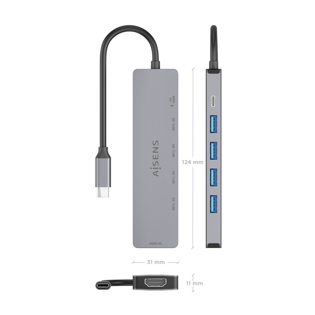 Aisens Usb-C Dock 6 En 1, Usb-C A 1xhdmi, 4xusb-A, 1xusb-C Pd 100w, Gris, 15cm
