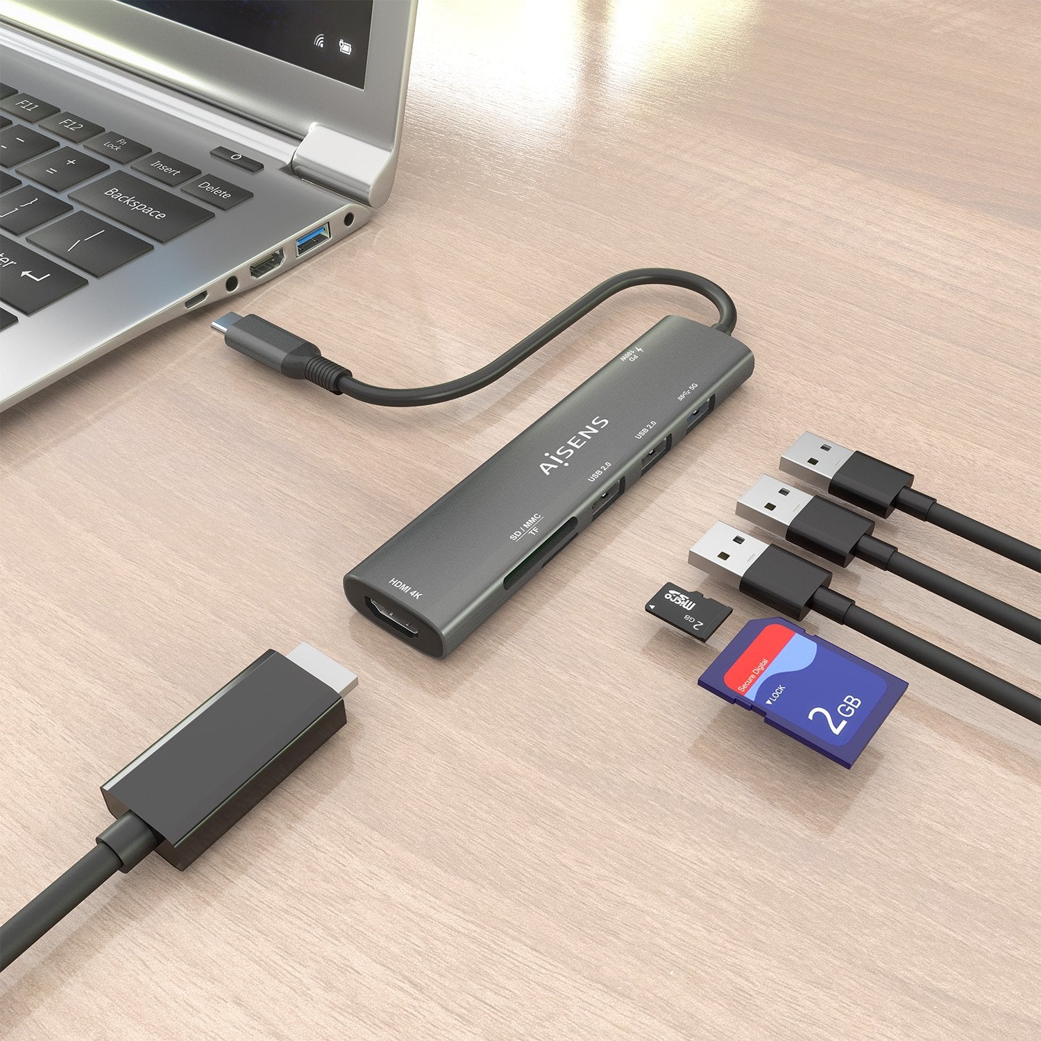 Aisens Usb-C Dock 7 En 1, Usb-C A 1xhdmi, 2xusb-A Usb2.0, 1xusb-A Usb3.0, 1xusb-C Pd 100w, 1xsd, 1xmicro Sd, Gris, 15cm