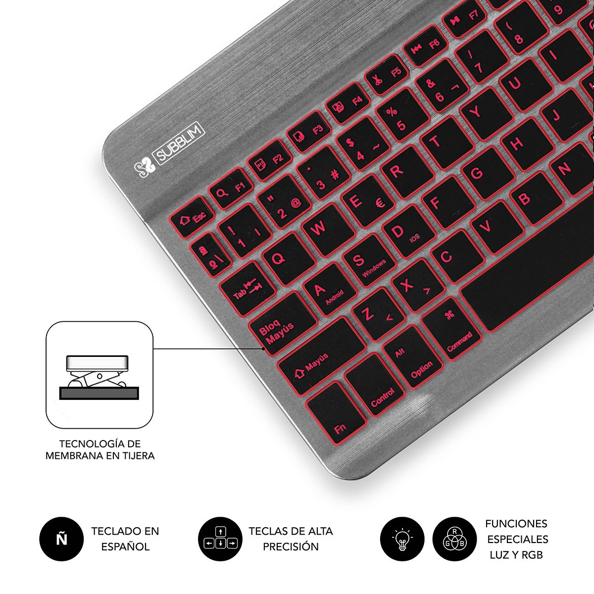 Teclado Bluetooth Subblim Sub-Kbt-Smbl31 Grey Bt3.0 Teclas Iluminadas Batería 420mah Compatible Multidispositivo