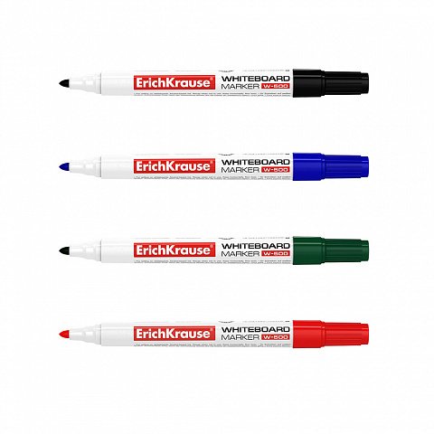 Erichkrause Pack De 4 Marcadores Pizarra W-500 - Punta En Forma De Bala Resistente Al Daño - Ancho De Escritura De 08 A 25 Mm - Tintas A Base De Alcohol - Color Negro, Azul, Rojo, Verde - No Toxico - Sin Xileno - Almacenamiento Horizontal