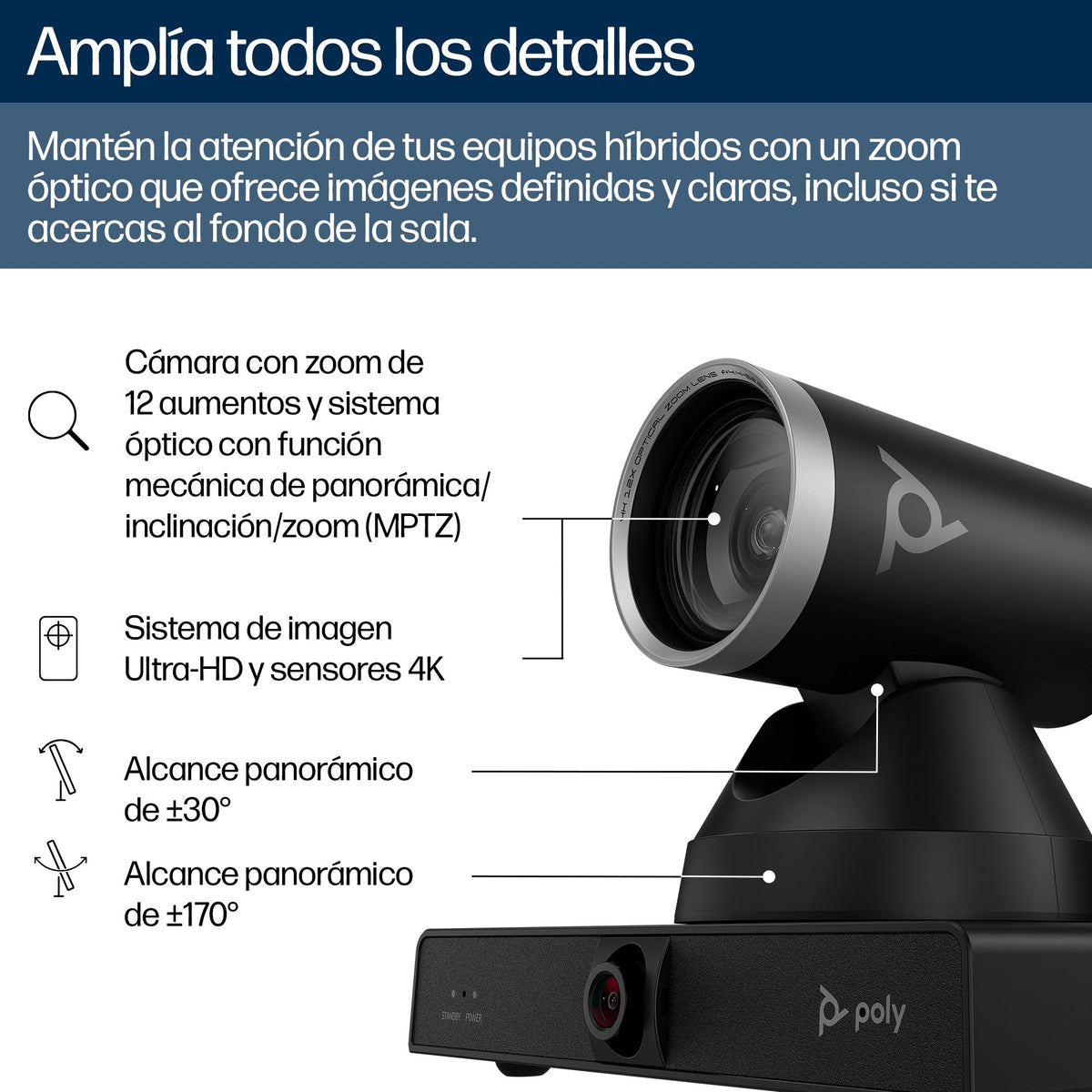 EAN 0198122304387 - HP Poly Studio E60 Smart Camera 4K MPTZ with 12x Optical Zoom 8 MP Negro 3840 x 2160 Pixeles 60 pps imagen 7