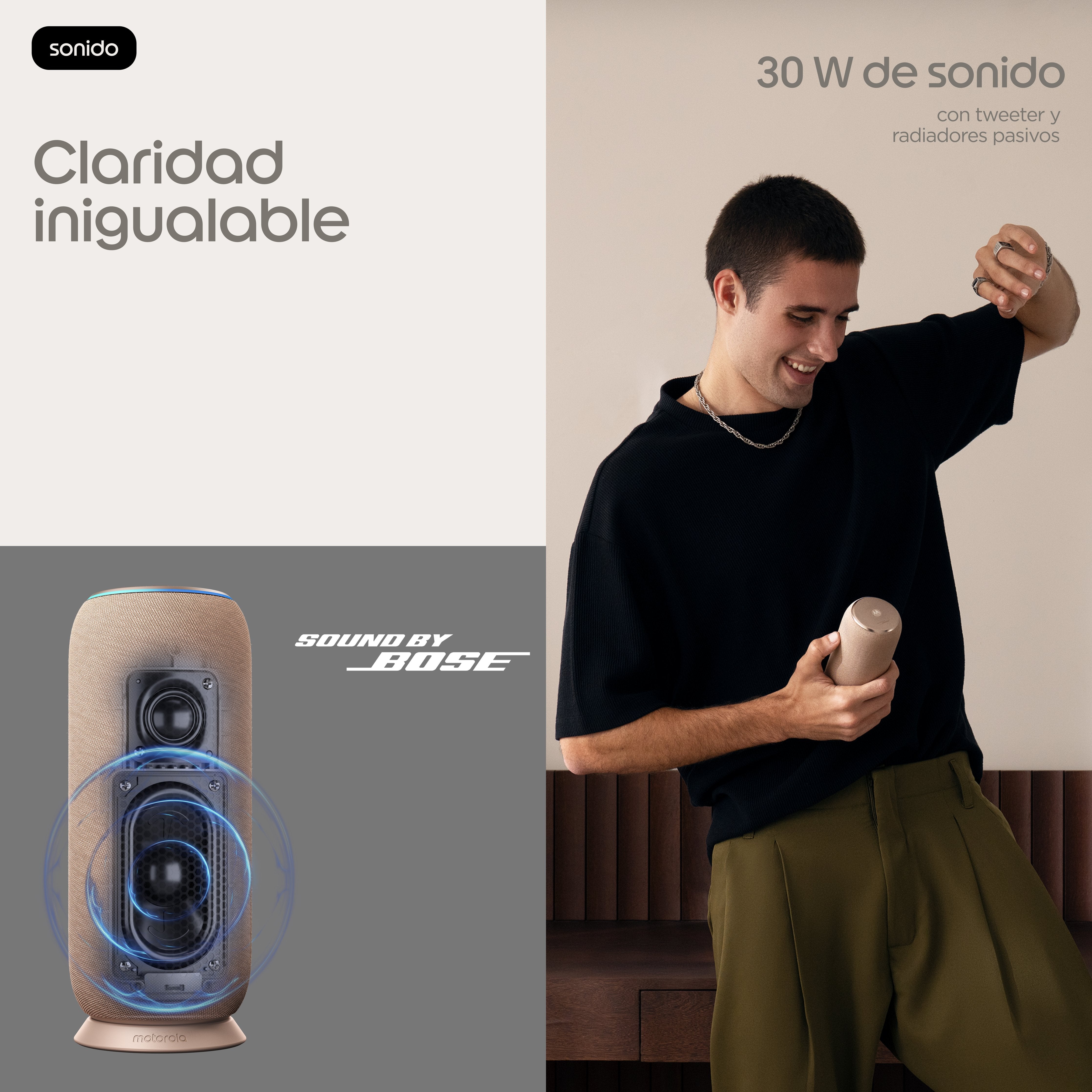 Motorola Moto Sound Flow Altavoz Para Uso Portátil Inalámbrico Bluetooth Wi-Fi Controlado Por Aplicación 30 Vatios 2 Vías Pantone Warm Taupe