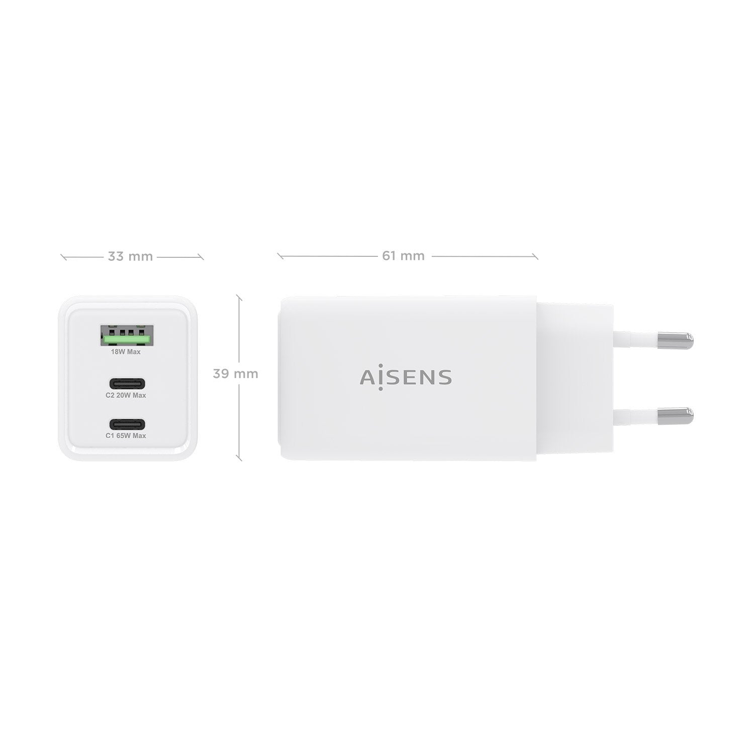 Aisens Cargador Gan 65w, 2xusb-C Pd3.0 Qc4.0, 1xusb-A Qc3.0, Blanco