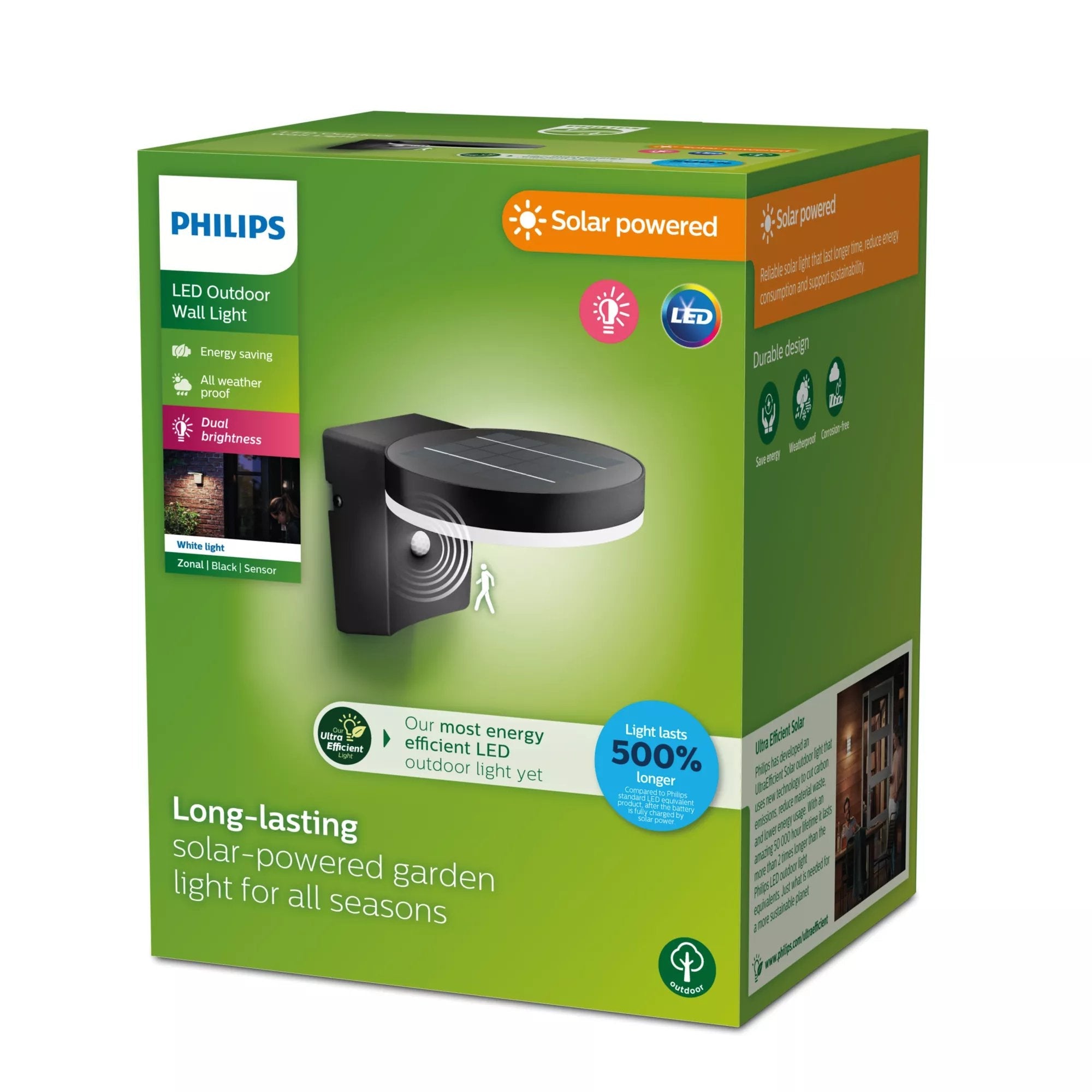 Aplique Solar Mural Redondo Ultraeficiente,Ip44 1,3w, 250im 3000k, Luz Cálida. Philips