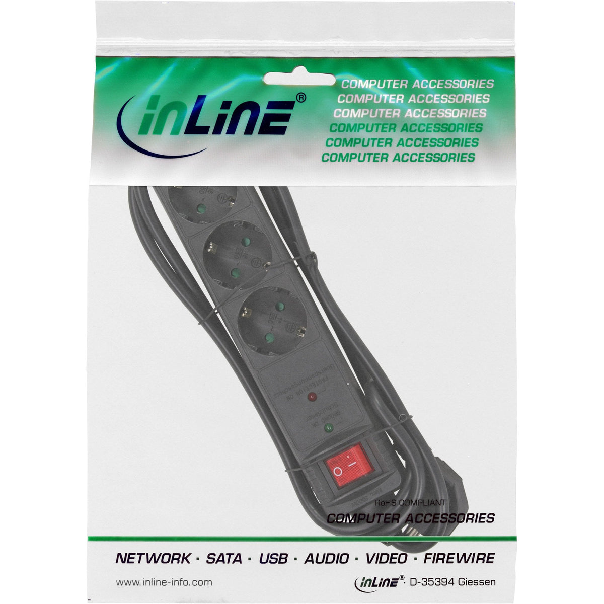 Inline Regleta 3 Tomas Con Protección 3x Tipo F Con Interruptor Negro 1.5m