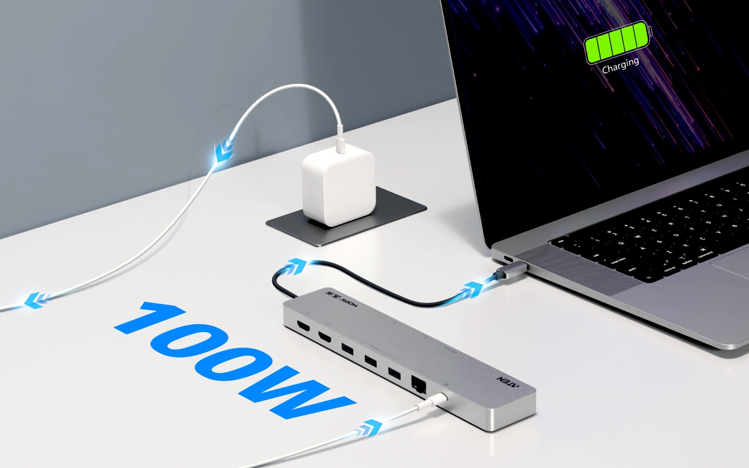 Dock Multifunción11 Puertos Esenciales: 2 Hdmi, 2 Usb-C (1 Para Alimentación Y 1 Para Transmisión De Datos), 3 Usb Tipo A, 1 Sd,
