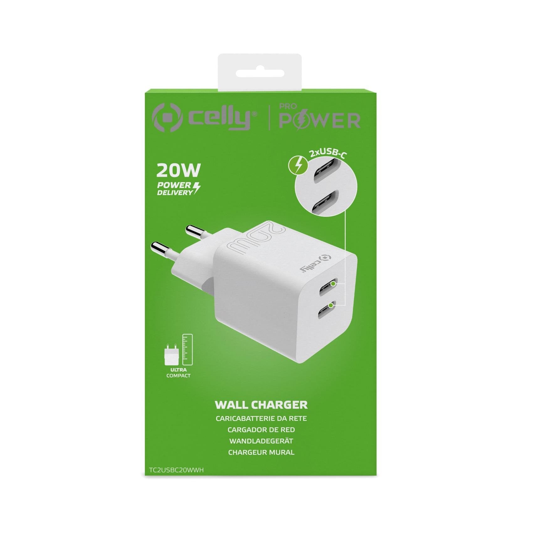 Celly Tc2usbc20wwh Cargador Pared 2 Usbc 20w Blanco