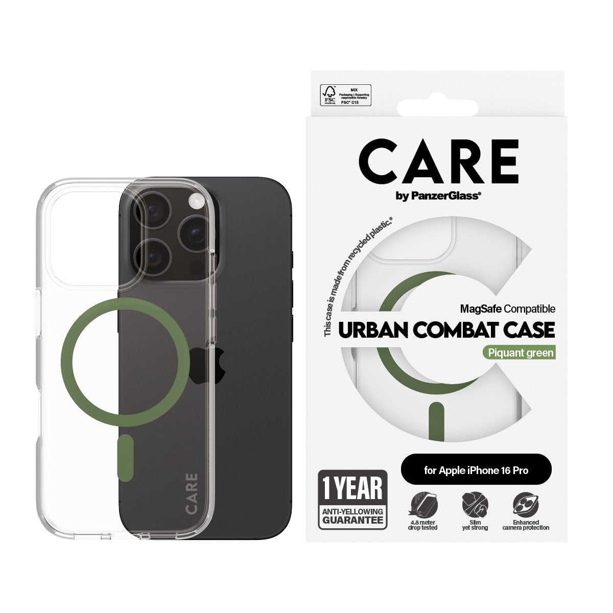 EAN 5715685004360 - PanzerGlass CARE™ by ® Urban Combat Case Transparent w. Green MagSafe iPhone 16 Pro funda para teléfono m imagen 2