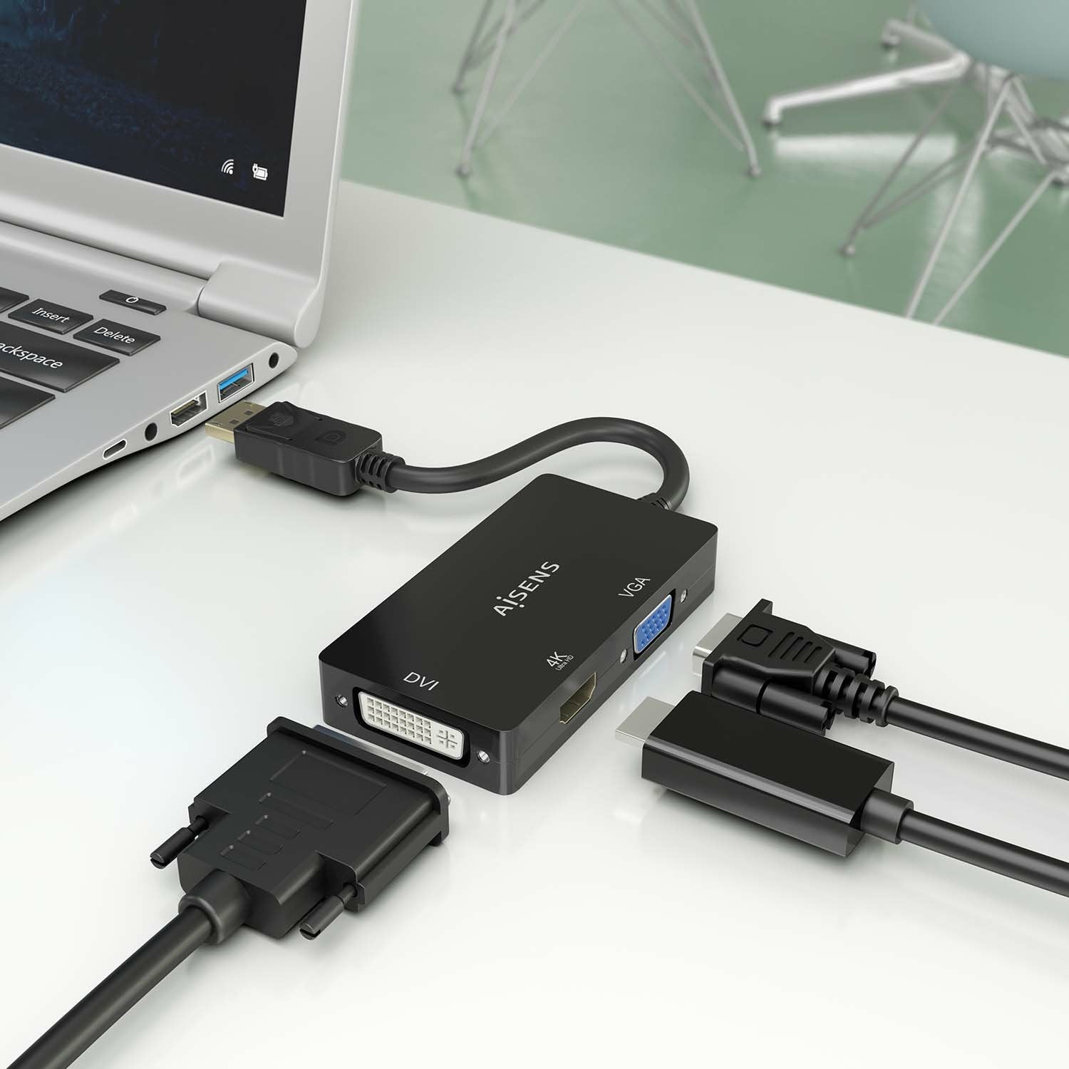 Aisens Conversor Displayport V1.2 A Vga/Dvi/Hdmi, Dp 1.2/M-Vga/H-Dvi/H-Hdmi/H 4k, Negro, 15cm