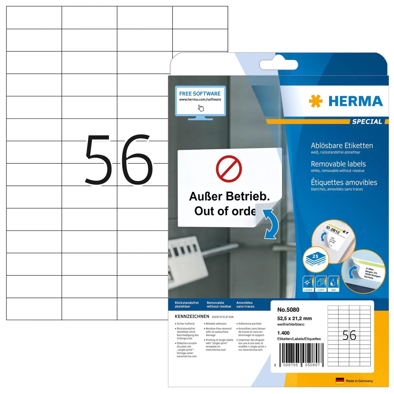 EAN 4008705050807 - HERMA 5080 etiqueta autoadhesiva Rectángulo Desmontable Blanco 1400 pieza(s) imagen 1
