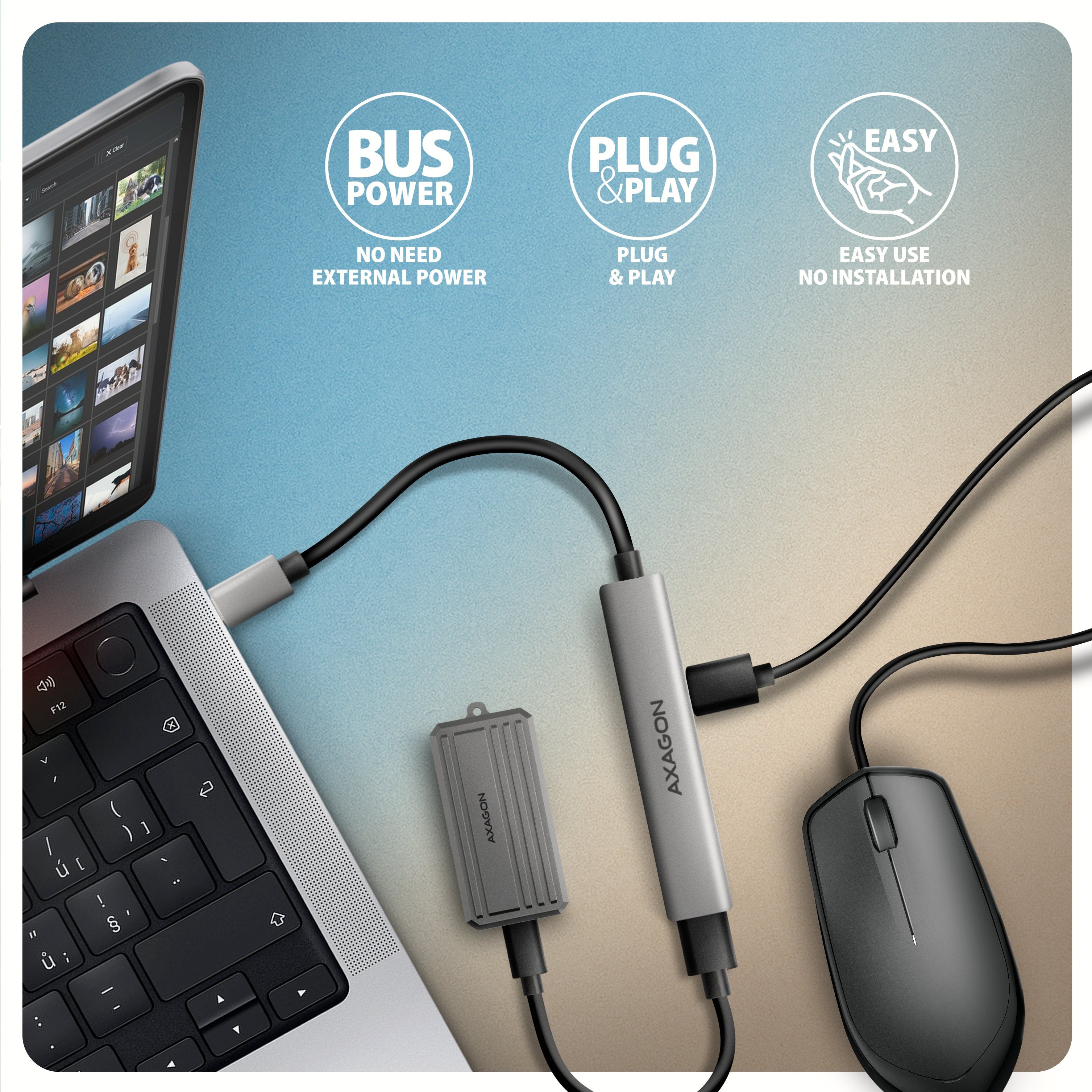 Axagon Hub Usb Hue-Stc, 4x Usb Alu Strip Hub, 1x Usb-A 5gbps, 2x Usb-A & 1x Usb-C 480mbps, Kabel Usb-C 12cm Usb 3.2 Gen 1 (3.1 Gen 1) Type-C 5 Mbit/S Gris