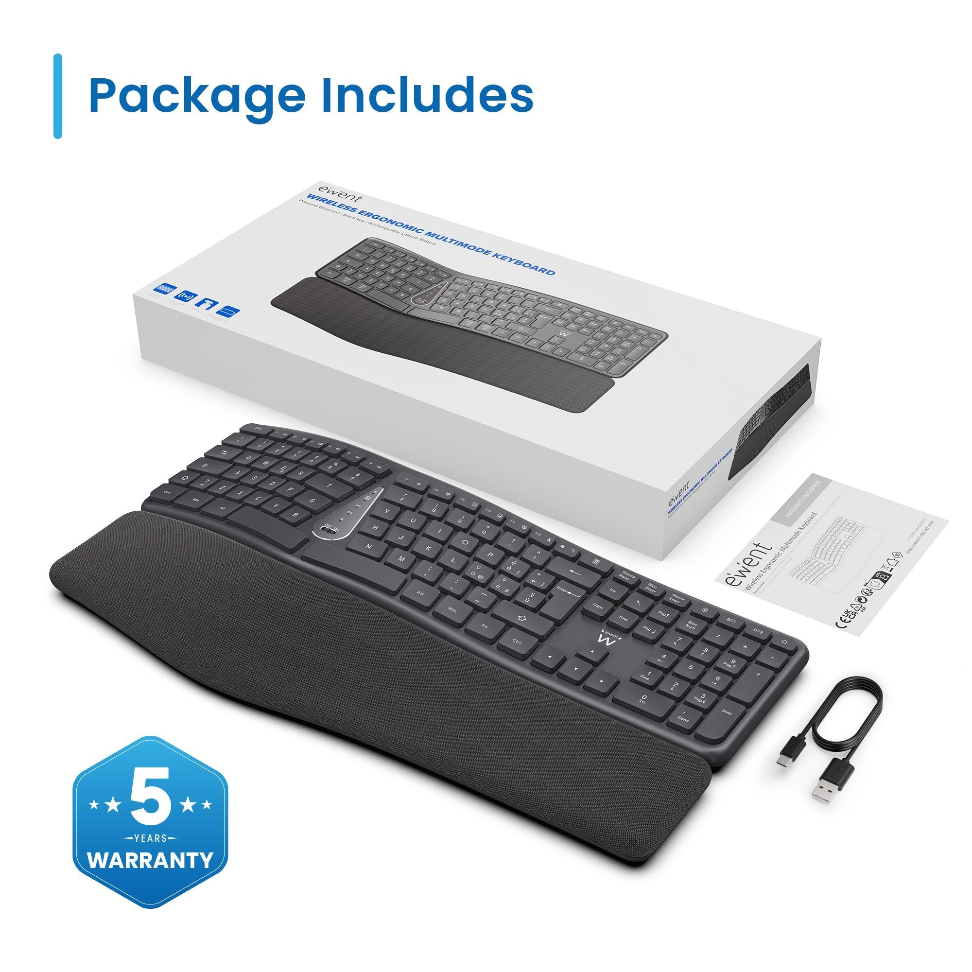 Ewent Teclado Inalambrico - Ergonomico - Bateria De Litio Recargable De 300mah - Disposicion Portuguesa Qwerty Pt -
