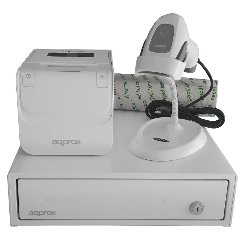 Kit Tpv Approx Cajon Portamonedas Appcash33wh Blanco + Lector/Scanner  Appls22wh + Impresora Termica Apppos80amusewh + Pack Rollos Papel Cyt8060bpa