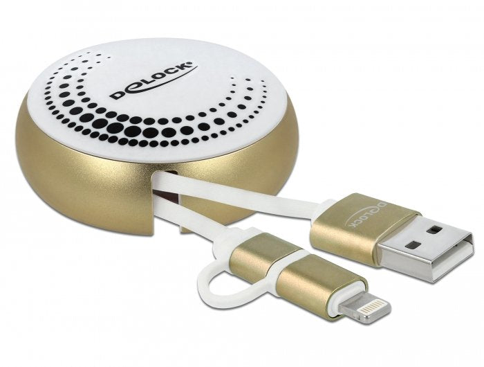 Delock Usb 2 In 1 Aufrollcable Typ-A Zu Micro-B Und Lightning Weiss   Gold