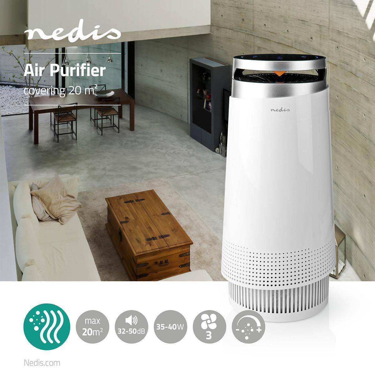 EAN 5412810319565 - Nedis AIPU100CWT purificador de aire 20 m² 50 dB 35 W Negro, Blanco imagen 8