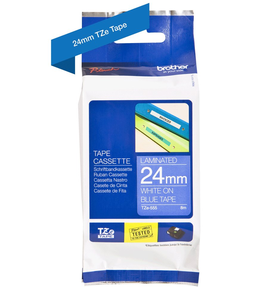Brother Tze555 - Blanco Sobre Azul - Rollo (2,4 Cm X 8 M) 1 Bobina(S) Tipo Laminado - Para P-Touch Pt-3600, D600, D800, E500, E550, H500, P750, P900, P950, P-Touch Edge Pt-P750