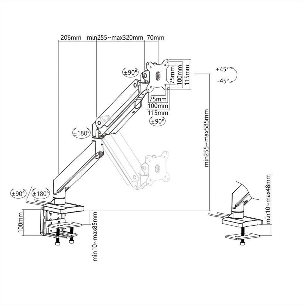 Roline Lcd-Arm, Tischmontage, Gasfeder, 5 Gelenke, Bis 18 Kg