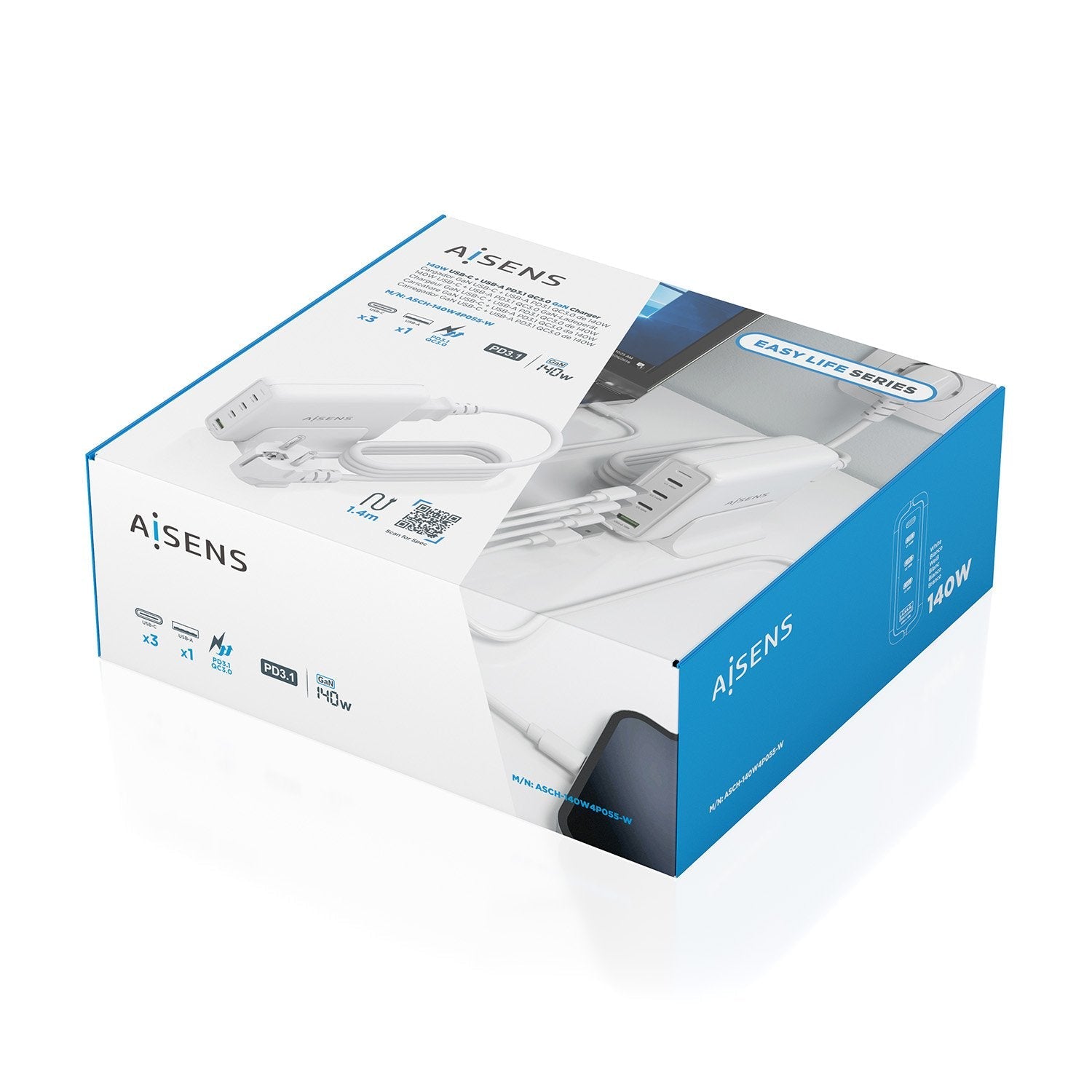 Aisens Cargador Sobremesa Gan 140w, 3xusb-C Pd3.1 Qc4.0 Qc5.0, 1xusb-A Qc3.0, Blanco