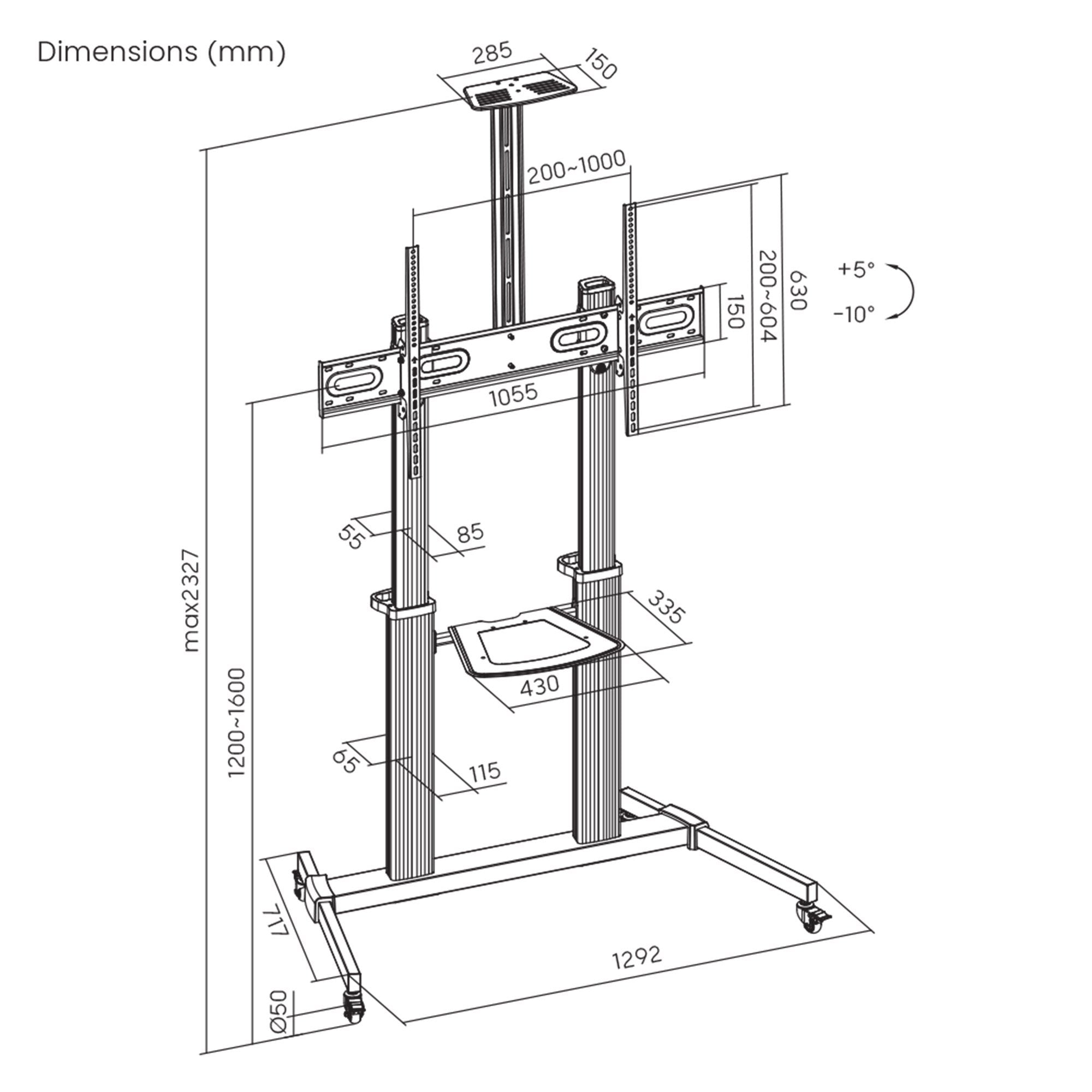 Manhattan 462563 Tv-Wagen 60-100" 80kg Vesa 1000x600 Neigbar Kamera- Av-Ablage Rollen Silver Black