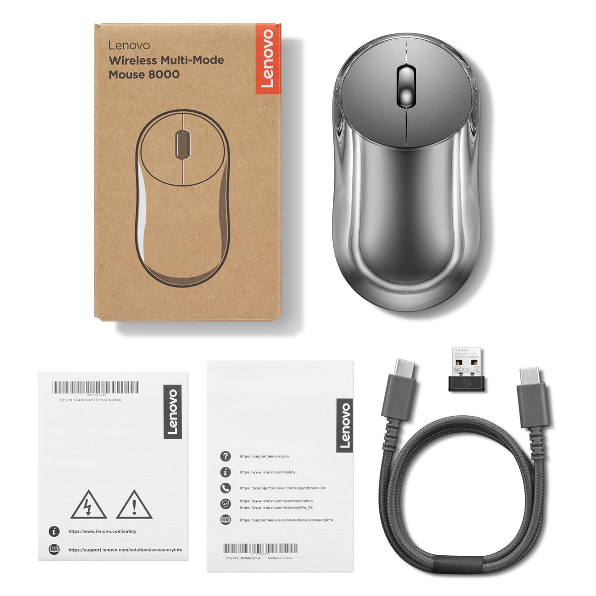 Lenovo 8000, Ambidiestro, Óptico, Bluetooth + Usb Type-A, 4000 Dpi, Gris