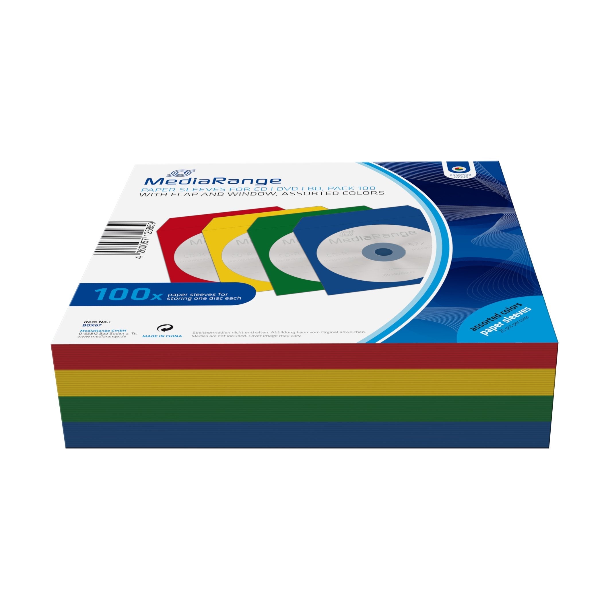 Mediarange Box67 Funda Para Discos Ópticos 1 Discos Azul, Verde, Rojo, Amarillo 100 Uds