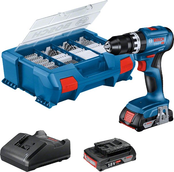Taladro Percutor Inalámbrico Bosch Gsb 18v-45 Professional, 18 Voltios (Azul/Negro, 2 Baterías De Iones De Litio De 2,0 Ah, Juego De Accesorios De 82 Piezas, En Caja L)