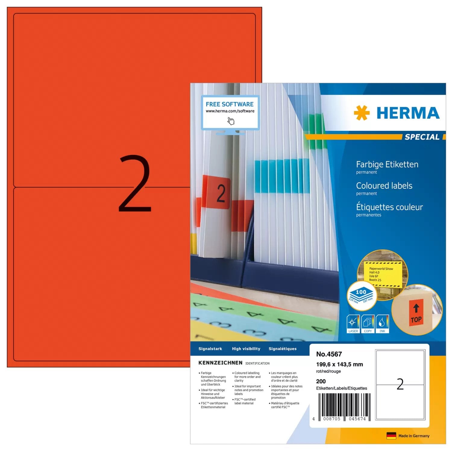 EAN 4008705045674 - HERMA 4567 etiqueta autoadhesiva Rectángulo Rojo 200 pieza(s) imagen 1